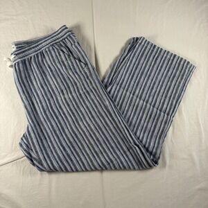 Dā-sh Women's Size L Blue Striped Linen Blend Drawstring Pull On Ankle Pants